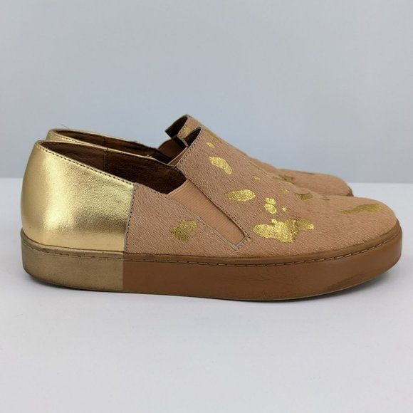 Free People Varsity Sneakers 8 Metallic Gold Calf Hair Leather Slip Ons Comfort - Picture 6 of 13